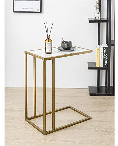 Gold Marble C Shaped Table, Rectangle End Side Table Slide Under Couch for Sofa Laptop Living Room Bedroom Small Space
