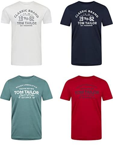 TOM TAILOR Tshirt Herren Baumwolle Regular Fit 4er Pack Set | Rundhals Kurzarm Sommer Tee Shirt Logoprint 100% Baumwolle Schwarz Weiß Grün Rot Blau Grau Orange S M L XL XXL 3XL