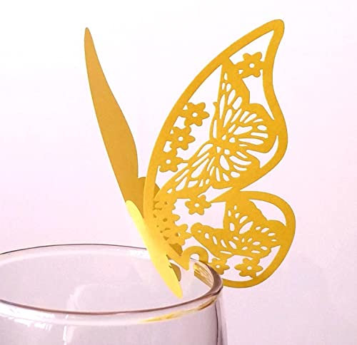 Wambere 50 Stück Schmetterling Trichterwinde Tischkarten Namenskarten Glasanhänger Wandsticker für Tischdeko Hochzeit Party Haus Deco,Schmetterling Tischkarten Laser Platzkarten Namenskarten,Gold