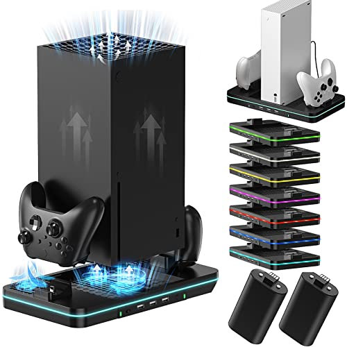 HuiJuKeJi Lüfter & Ladestation für Xbox Series X/S Konsole&Controller, mit 2 wiederaufladbaren Akkupacks, LED-Leuchten/2 Lüfter Geschwindigkeit/3 USB-Anschlüssen Dual-Controller-Ladestation Zubehör