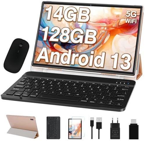 2025 Newest Android 13 Tablet 10 Pulgadas 14GB RAM + 128GB ROM (1TB TF), 8000mAh, Octa-Core 2.0Ghz, GPS, 5G + 2.4G WiFi, Bluetooth 5.0 | 5+8MP | Type C | Tablet PC con Funda, Teclado e Ratón - Oro