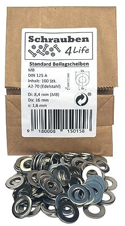 Standard Unterlegscheiben M8 Edelstahl 100Stk. - Plastikfreiverpackt Schrauben4Life - A2-70, DIN125 Edelstahl, Unterlegscheiben für Industrie, Garten und Haus (100, M8)