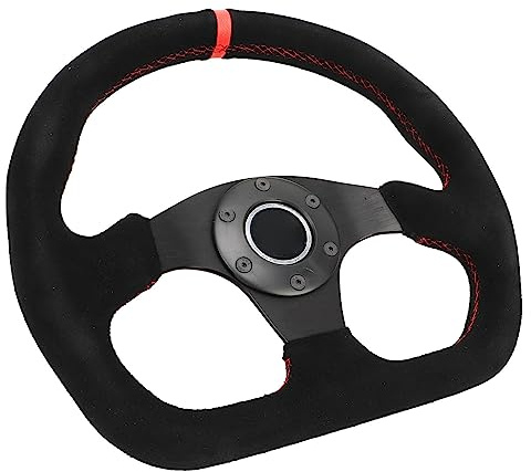 Bnineteenteam Racing Steering Wheel, 12.8in Suede Leather D Shape Steering Wheel with 6 Bolt Grip Red Stitch Horn Button for Racing/Rally/Motorsport/Car Sim Driving