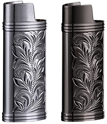 Surakey Lot de 2 coques de briquet vintage en métal - Gravure rétro - Pour mini briquet BIC - Porte-coque de briquet réutilisable - Pochettes portables pour les voyages en plein air