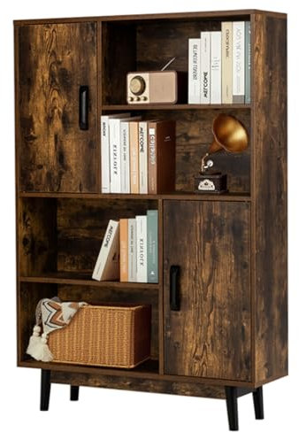 SFAREST Wooden Storage Bookcase, Free Standing Tall Cupboard with 2 Doors & 4 Open Shelves, Home Office Display Cabinet Bookshelf for Living Room Dinning Bedroom Hallway (Rustic Brown)