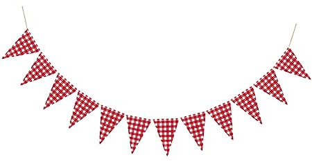 Yardwe Kariertes Dreiecksbanner aus Baumwollstoff Rot für Indoor und Outdoor Dekoration für Geburtstagspartys und Festliche Anlässe