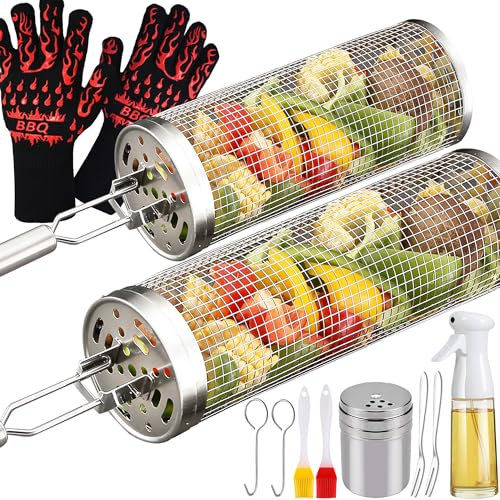 Mehanew Rolling Grill Baskets for Outdoor Grill Stainless Steel Barbeque Net Tube BBQ Vegetables Round Rotation Cylinder Cage with BBQ Gloves Grilling Accessories for Kitchen Gadgets Picnic Gifts