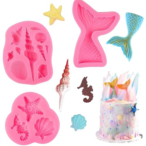 Moule Sirene Pate a Sucre Moule Silicone Poisson 3D Moules Forme Queue Sirène Fondant Moule Coquillage DIY Marin pour Décoration Gâteaux, Bonbons, Chocolats,Lot de 3