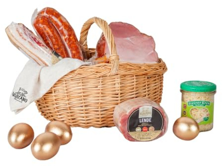 Vulcano Osterkorb | Steirischer Osterschinken, Würstel, Lende, Speck, Eier & Kren | Gefüllter Geschenkkorb Ostern | Premium Fleischweihe Korb | Vulcano Schinken