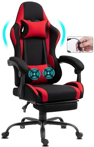 Delman Gaming Bürostuhl aus Stoff mit USB-Massage (2 Punkte), ergonomischer Gamer Stuhl mit Fußstütze, verstellbarer Rückenlehne bis 135°, Metallfußkreuz – Serie 02-0040
