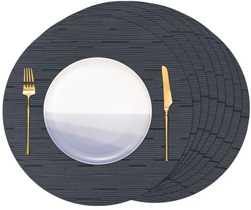 Banchif Platzsets abwaschbar Tischsets abwaschbar Rund 38 cm Platzdeckchen | Platzsets abwaschbar 8er Set Platzdeckchen PVC Rund rutschfest Tischsets abwischbar gewebte Vinyl (Schwarz Dunkelblau)