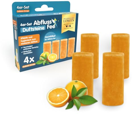 Abflussfee 4er Nachfüll-Set für Abflussfee Waschbeckenstöpsel | Reinigungssteine für Abflüsse jeder Art, Abflussreiniger | inkl. Frische Duft [Orange Aroma, orange]