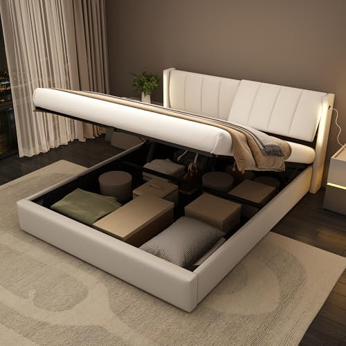 Aoskem Polsterbett Bett 180x200 Doppelbett mit Stauraum, Verstellbares Kopfteil mit LED-Beleuchtung&USB-Buchse, Stauraumbett Bettgestell mit Lattenrost, Rückenlehne Jugendbett, Ohne Matratze, PU Weiß