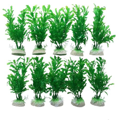 Finest-Filters 10 Pack Aquarium Fish Tank 8 Plastic Plants for Aquarium Decoration Decor in Multiple Plant Styles & Vibrant Colour Plants For Freshwater & Marine Aquariums (Dark Green)
