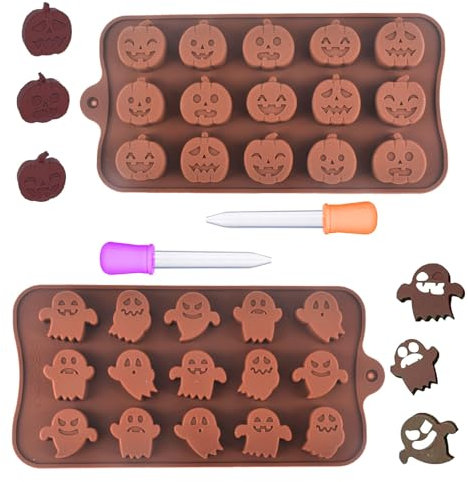 AWAVM - Stampi in silicone per Halloween, 2 pezzi, 15 cavità, zucca e fantasma, stampi per cioccolatini, caramelle, caramelle, cioccolato, biscotti, gelatina fai da te