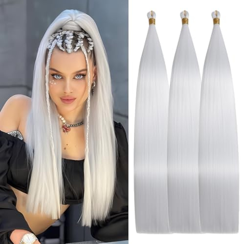 Locescsoc 24 Inch Straight Hair Extensions 150g 3 Packs Bone Straight Braiding Hair, Soft White Synthetic Bundles Crochet Braids Hair Bundles for Braiding (G60#)