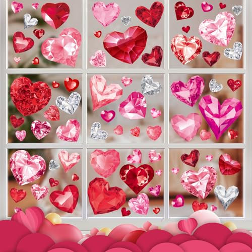 Zindoo Valentinstag Fensterbilder Selbstklebend, 9 Blätter 91 Stück Romantische Herzen Valentine's Day Fenster Aufkleber Dekorationen für Geständnis, Hochzeit, Jubiläum Party