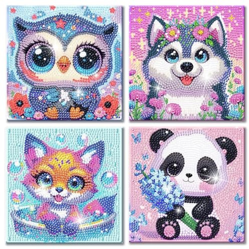 Yiminu.DS 4 Kit Diamond Painting Enfants 6 7 8 9 10 11 12 Ans, 5D Diamant Painting Enfant, Peinture Diamant Petit Format Enfant, DIY Cadeau Fille, Artisanat Hibou Chien Renard Panda 15cm*15cm
