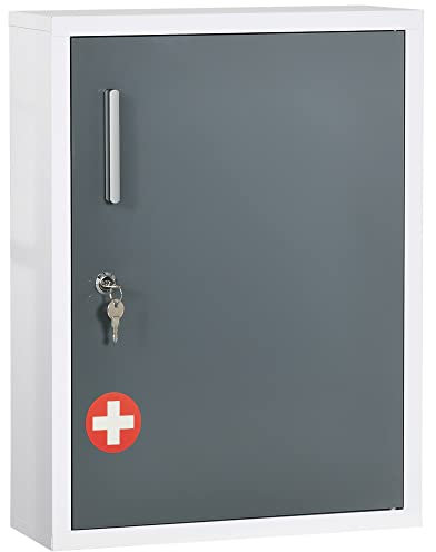 kleankin Armoire à Pharmacie Armoire à médicaments Murale 2 étagères 3 Niveaux avec Porte verrouillable 2 clés Acier 40 x 15 x 53,5 cm Blanc et Gris