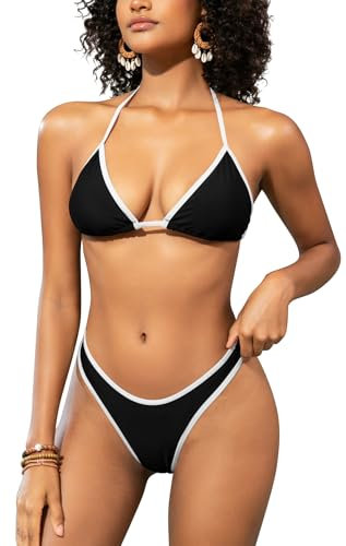 SHEKINI Damen Neckholder String Triangel Bikini Sets V-Ausschnitt Hoch tailliert Bademode Tanga Brasilianische Badeanzüge (XL, Schwarz)