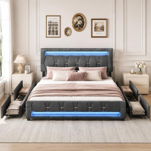 PerGar Polsterbett Doppelbett 160x200 cm mit LED, Bett mit Höhenverstellbares Kopfteil und Stauraum, Jugendbett mit 4 Schubladen, Lattenrost, Linen,Ohne Matratze, Grau