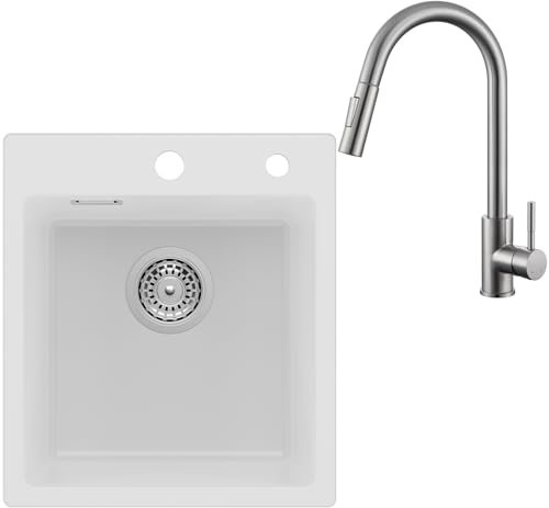 Auralum Spüle mit Armatur Set, Granit Spülbecken Weiß 40 x 45 cm + Edelstahl Wasserhahn Küche Ausziehbar