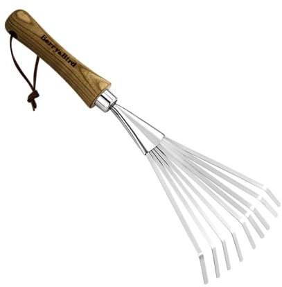 Berry&Bird Stainless Steel Hand Shrub Rakes, 9 Tines Fan Lawn Leaf Rake with Ergonomic Wooden Handle & Cowhide Lanyard, Small Gardening Grass Rake for Sweep Leaves and Debris Collection