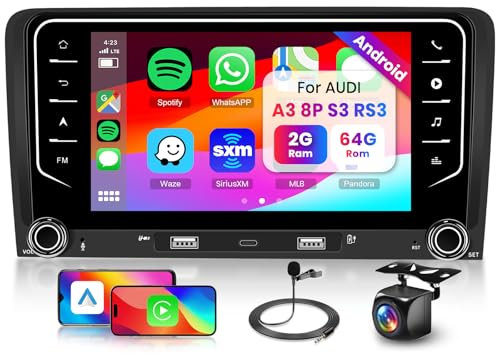 2GB+64GB Android Autoradio per Audi A3 8P 2003-2012 S3 2006-2012 RS3 2011-2012 con Carplay Android Auto, Hodozzy 7 Pollici Touch Screen Stereo con GPS Wifi Bluetooth DSP FM/RDS Radio con Telecamera