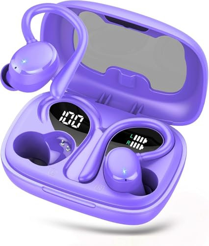 Bluetooth Kopfhörer Sport, Bluetooth 5.3 Kopfhörer Kabellos mit HD Mic,HiFi Stereo Tiefer Bass, 72 Std Spielzeit, Dual LED-Anzeige, IP7 Wasserdicht in Ear Ohrhörer mit Ohrhaken(Lila)