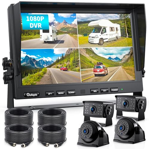 eRapta 10 Wired Reversing Camera Kit,10 HD Quad Split Screen Monitor with Recording IP69 Waterproof Rear View Side View Camera Parking Lines for Truck/Semi-Trailer/Box Truck/RV