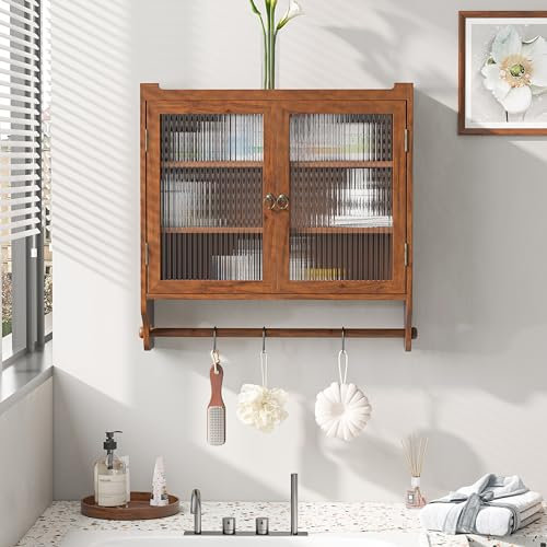 HAINEW Moderner Hängeschrank Küchenschrank Wandschrank mit 2 Glastüren und Hängestange, Holz und Glas Badschrank Sideboard Hängend Medizinschrank für Küche Bad, 63×18×60cm (Braun)