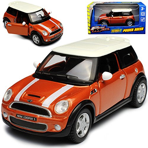 Generisch Mini Coper S R56 Orange mit weissem Dach und Streifen 2006-2014 mit Rückzugsmotor ca 1/43 1/36-1/46 Modell Auto