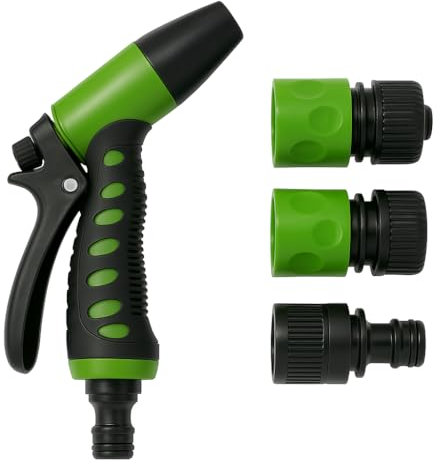 TECHZOCO Pistola de Riego, Boquilla de Pistola de Manguera Jardín, 1 Modos Pulverizar Ajustable Pistola de Agua, para Limpieza de Automóvil/Riego del jardín, Baño de mascotas, Contiene 3 adaptadores