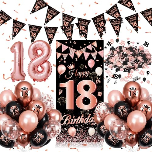 Palloncini 18 Anni Compleanno Ragazza, 18 Anni Decorazioni Rosa Nera, Decorazioni 18 anni con Festone Buon Compleanno, Coriandoli, Palloncini in Lattice di Alluminio, Regalo Donna 18 Anni