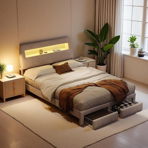Bett mit Schublade, Doppelbett, 160 x 200 cm, mit Stauraum, Bettgestell mit LED und USB-Ladeanschluss, Stauraumbett mit Kopfteil, Polsterbett mit Lattenrost, Ohne Matratze, Samt (Beige, 160 x 200 cm)
