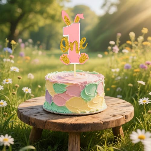 1st Birthday Cake Topper - Pink Gold Bunny Ears with Footprint & Number 1 Design, Non-Toxic Thick Paper Cake Decorations for Girls Baby Shower Easter Party Supplies