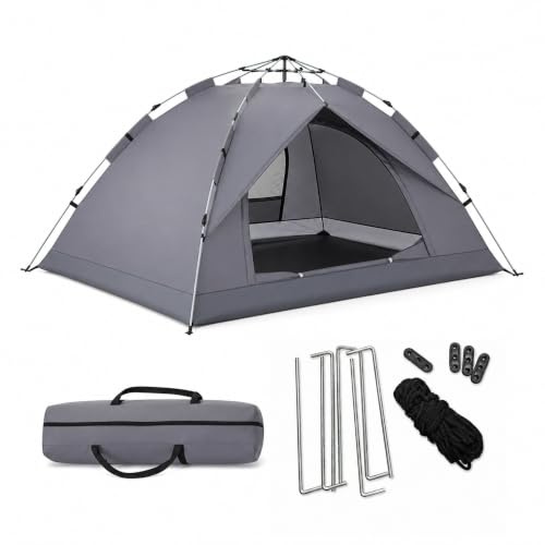 Relaxdays Campingzelt, 3-4 Personen, schneller Aufbau, UV Schutz, grau | Moskitonetz, HBT: 135x200x200 cm, Automatikzelt