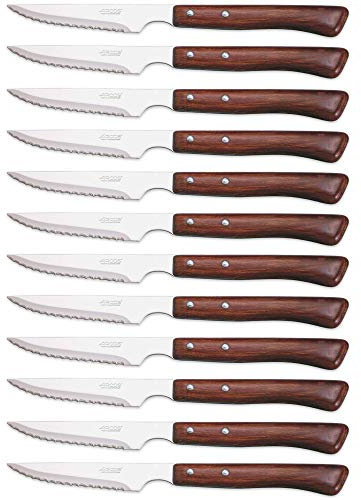Arcos Serie Cuchillos de Mesa Caja 12 uds Cuchillo Chuletero, Hoja Serrada de Acero Inoxidable NITRUM de 110 mm, Mango Madera comprimida Color marrón (12 UDS)