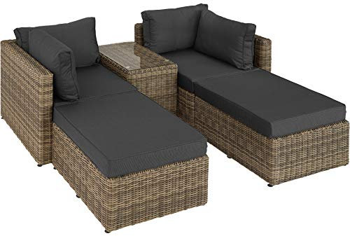 TecTake® Ensemble Salon de Jardin Exterieur Modulable Canapé Bain de Soleil en Poly Rotin et Aluminium 4 Personnes, Table de Jardin en Verre Incluse, Mobilier de Jardin pour Amenagement Balcon