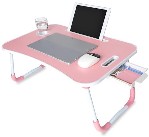 unycos - Betttablett Klappbar, Frühstückstablett mit Griff und Getränkehalter, Serviertisch, Ideal für Lesen und Arbeiten, Auch als Lapdesk Verwendbar 60x40x26 cm (Rosa mit Schublade)