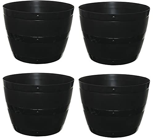 Optimal Products Black Plastic Planter Plant Pot Tub Garden Patio Out Or Indoor Barrel Flower Pot 35cm & 50cm (34cm (4 Barrel Planter) Black)