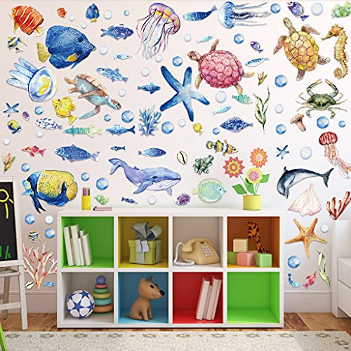 Alnicov 104 bunte Wandsticker unter dem Meer, Fische, Quallen, Wanddekoration, entfernbar, Ozeanthema, Wandaufkleber, für Schlafzimmer, Wohnzimmer, Büro