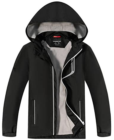 YoungSoul Manteaux Imperméables Garçon - Coupe Vent Doublé Polaire Fille - Veste de Pluie avec Capuche Amovible - Noir - 7-8 ans/Taille 130