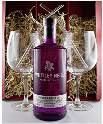 Geschenk Whitley Neill Rhubarb & Ginger Gin - Handcrafted + 2 Cocktailgläser + 2 Trinkhalme