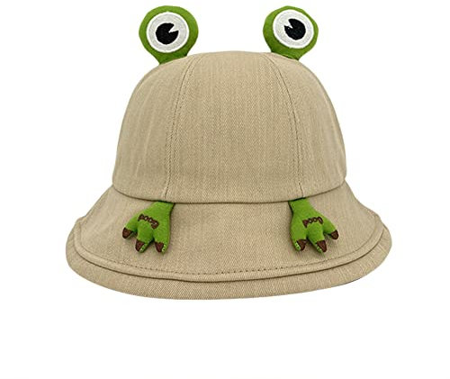 Baumwolle Frosch Eimer Hut, Frosch Fischerhut mit Augen, Anglerhut Frosch Sonnenhut Fischerhut, Sommer-Sonnenschutz Fischerhut Outing Hut Faltbarer Frosch Eimer Sonnenhut für Camping Wandern Khaki