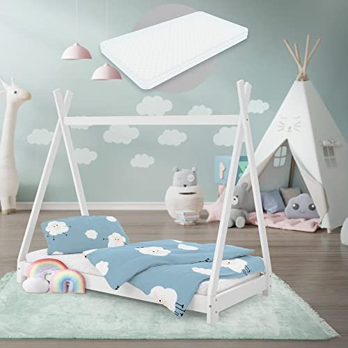 ML-Design Letto Montessori Tipi per Bambini 70 x 140 cm Bianco, in Legno di Pino Massiccio, con Rete a Doghe e Materasso, Lettino a Terra a Forma di Tenda Indiana, Giroletto per Cameretta