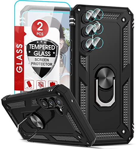 LeYi Hülle für Samsung Galaxy A54 5G Ständer Handyhülle mit 2 Schutzglas & 2 Kamera Folie,Militär Standard Stoßfest Case Metall Ring Fallschutz Handy Hüllen Outdoor Schutzhülle A 54 5 G Cover Schwarz
