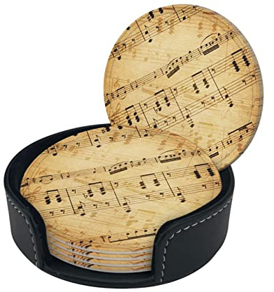 6 Stück Leder Untersetzer für Getränke mit Halter Retro Musiknoten Untersetzer Sets Getränketisch Tasse Untersetzer für Küche Kaffee Dekor