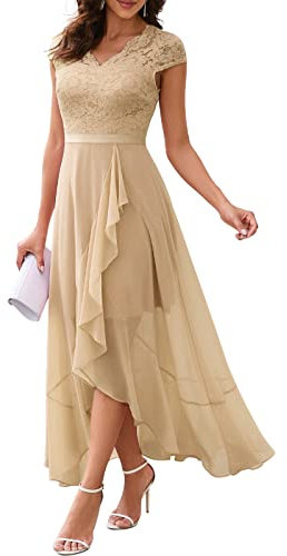 Bbonlinedress Robe Femme Asymétrique de Cocktail Soirée Mariage Invité Bal de Promo Anniversaire Longue en Mousseline de Soie Champagne XL