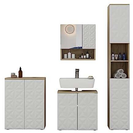 Vicco Badmöbel-Set Weiß Edge, bestehend aus Badspiegelschrank, Waschbeckenunterschrank, Midischrank, Hochschrank - Unterschrank- und Hängeschrank-Kombination